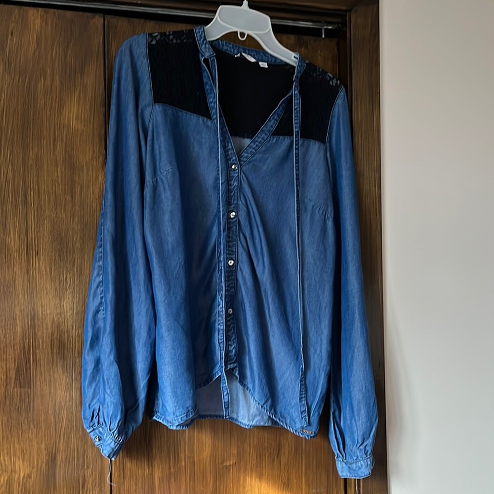 Guess denim style shirt with lace detailing and tie up neck